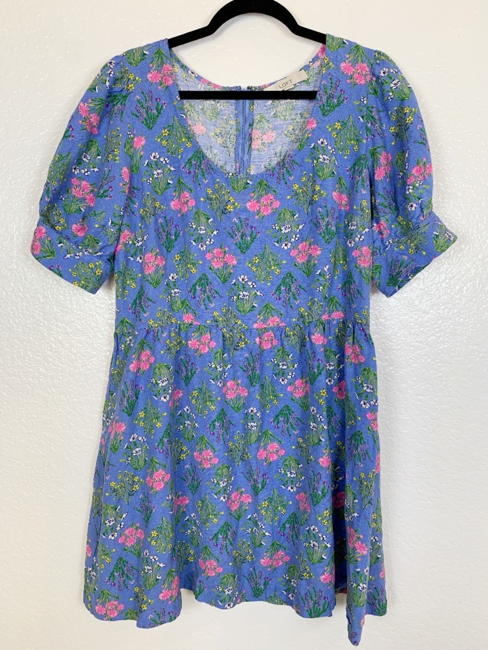 Loft Floral Linen Blend Summer Dress Womens Size 12 NWOT Blue Puff Sleeve